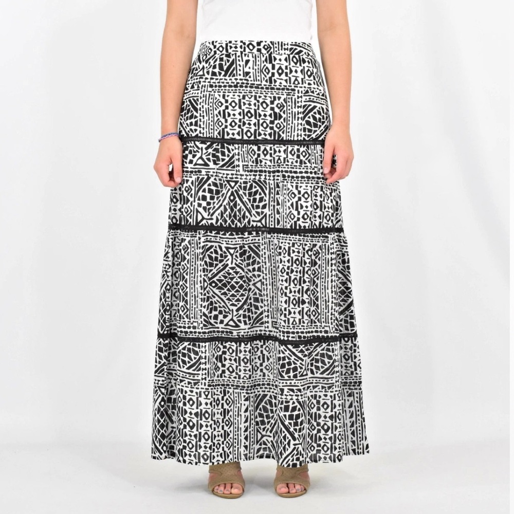 Trina Turk 100% Cotton Black and‎ White Graphic Tiered Maxi Skirt